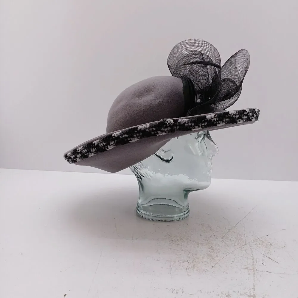 Fascinator Headpiece Hat Wedding Fashion Cap W/ Feathers and netting 100% Wool